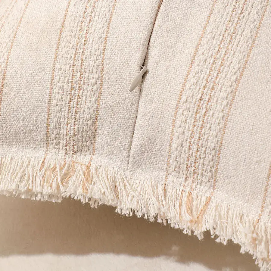 Simples Market Summer Boho pillow cover 30x50 in beige with striped weave and fringed edges.