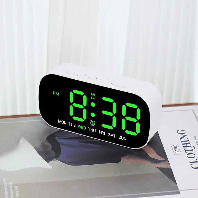 Digital alarm clock, white with green LED display, USB powered, 12/24h time, date and weekday