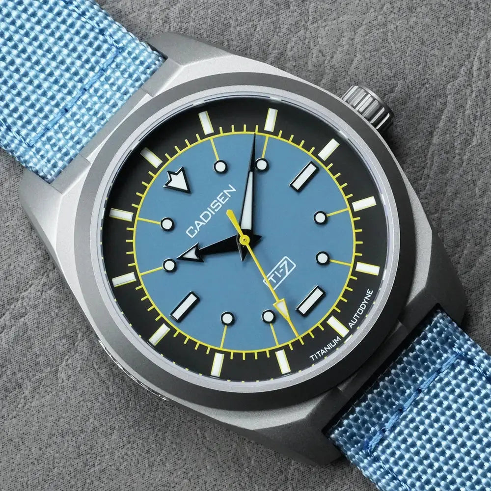 CADISEN TI-7 autodyne titanium-steel automatic wristwatch with blue dial and blue canvas strap