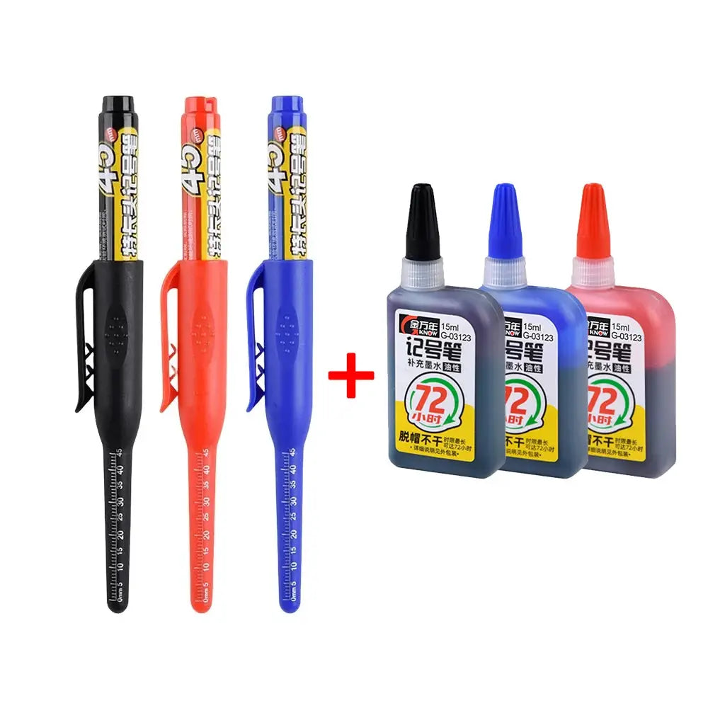 Marker pens 45mm waterproof deep-hole with long nibs in black, red and blue; Simples Market includes 3 ink bottles.