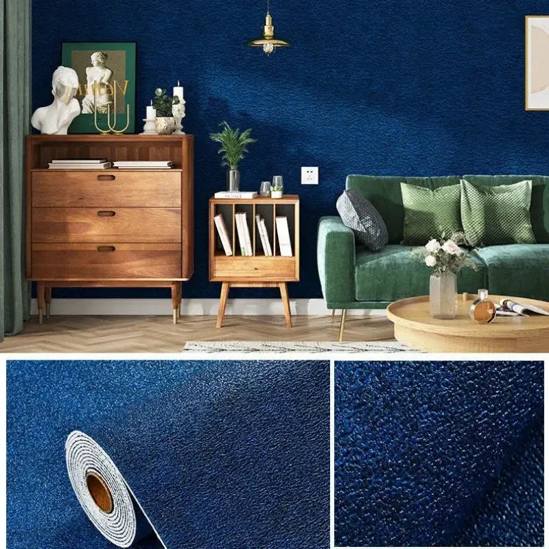 Blue textured linen 3D foam self-adhesive PVC wallpaper; solid color, thickened and waterproof, with roll and texture close-ups.