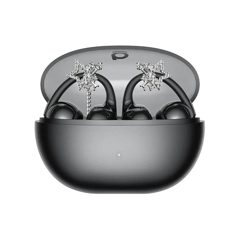 Baseus Bowie MC2 AIR clip-on TWS earbuds in a black charging case with star rhinestone ear clips