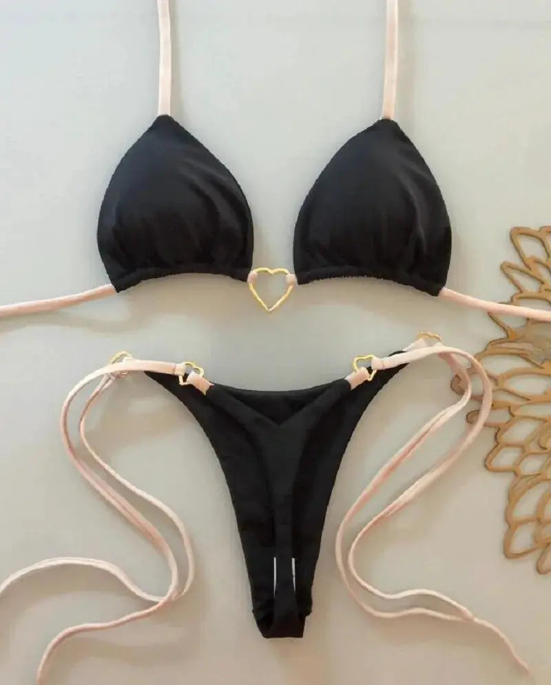 RUOTONSEPT black halter two-piece bikini set with pink straps and gold heart accents; triangle top, thong bottom