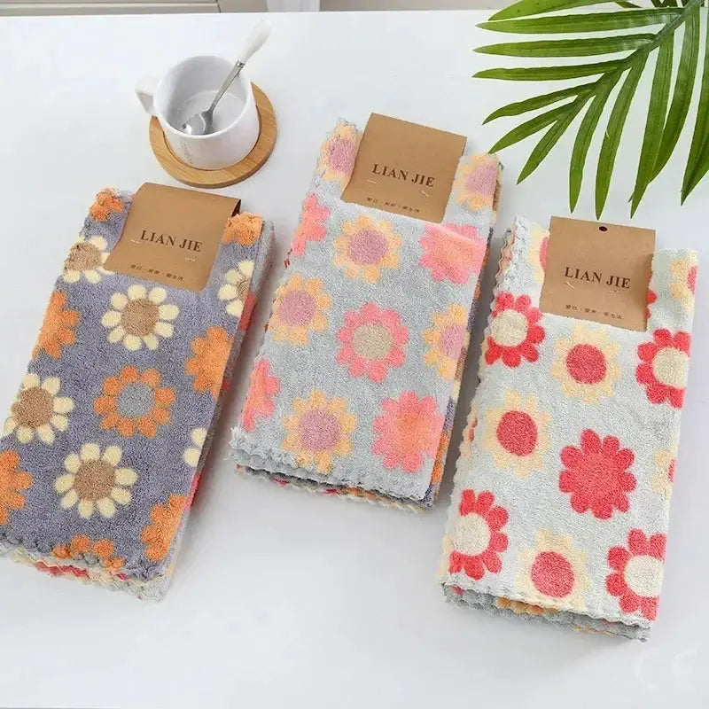 4-pack kitchen cleaning cloths, coral fleece with sunflower prints, 30x30cm, LIAN JIE