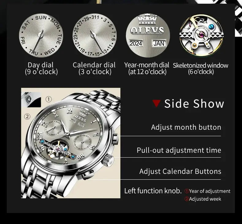 OLEVS 6607 stainless steel skeleton flywheel automatic men's wristwatch with dual calendar