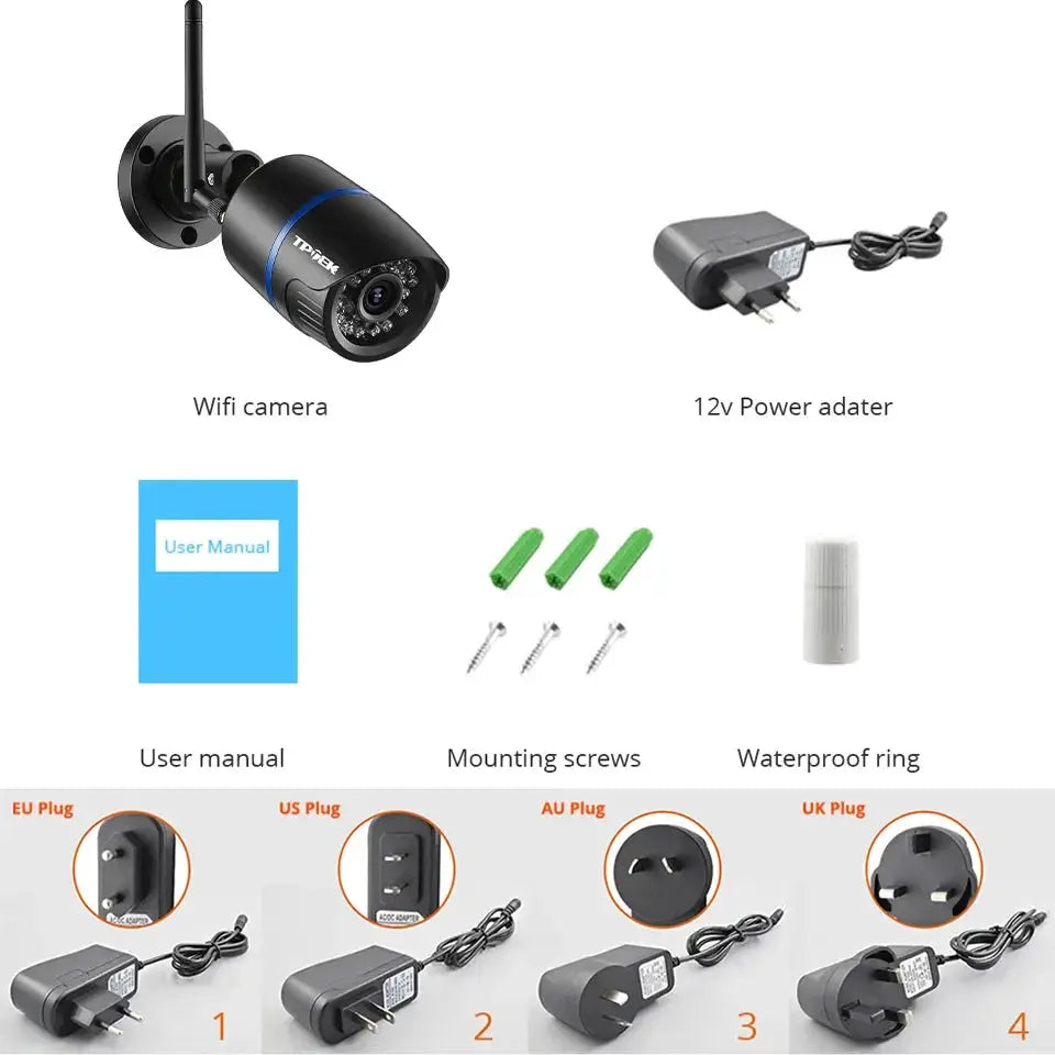Simples Market 4MP WiFi outdoor black IP camera kit with power adapter, screws, waterproof ring, and 4 plug adapters