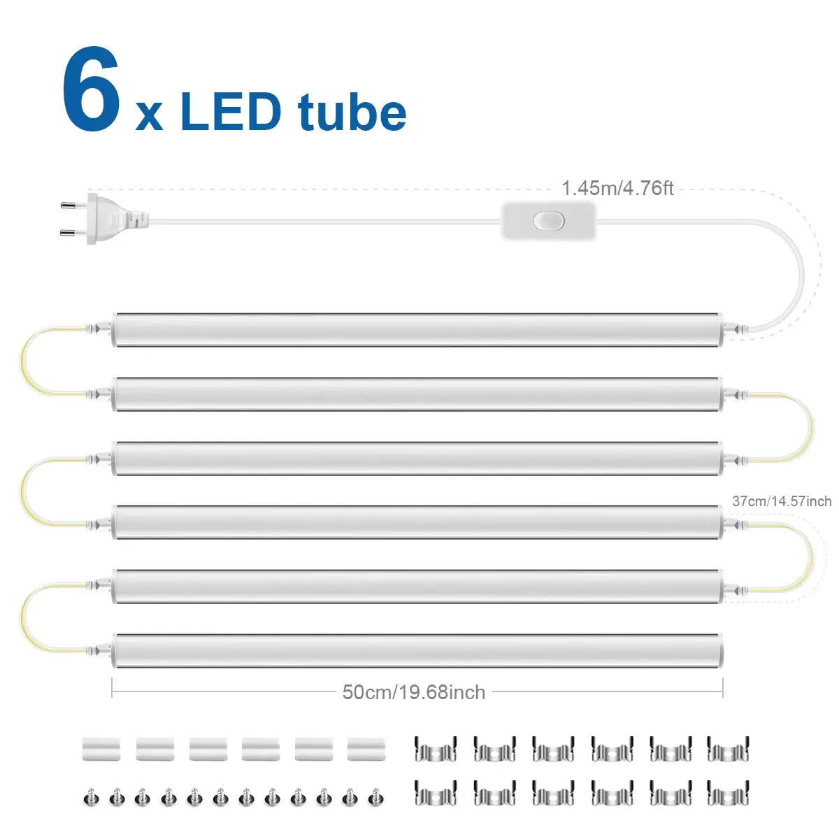 Simples Market 6x LED T5 wall-mount tubes, white, 50cm, 15W, 220V with EU plug power cord and screws
