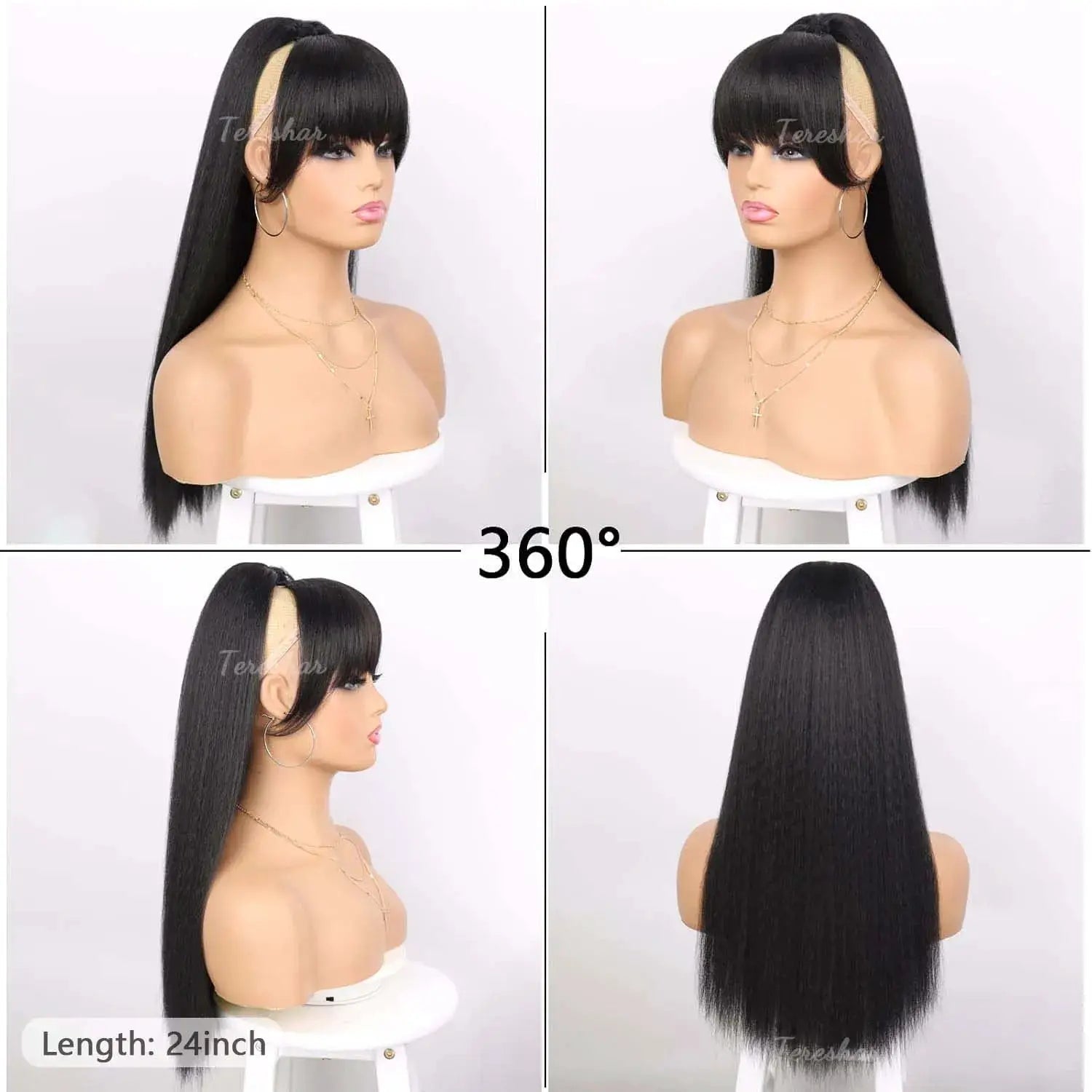 Simples Market synthetic yaki drawstring ponytail with bangs, long black straight clip-in hair extension