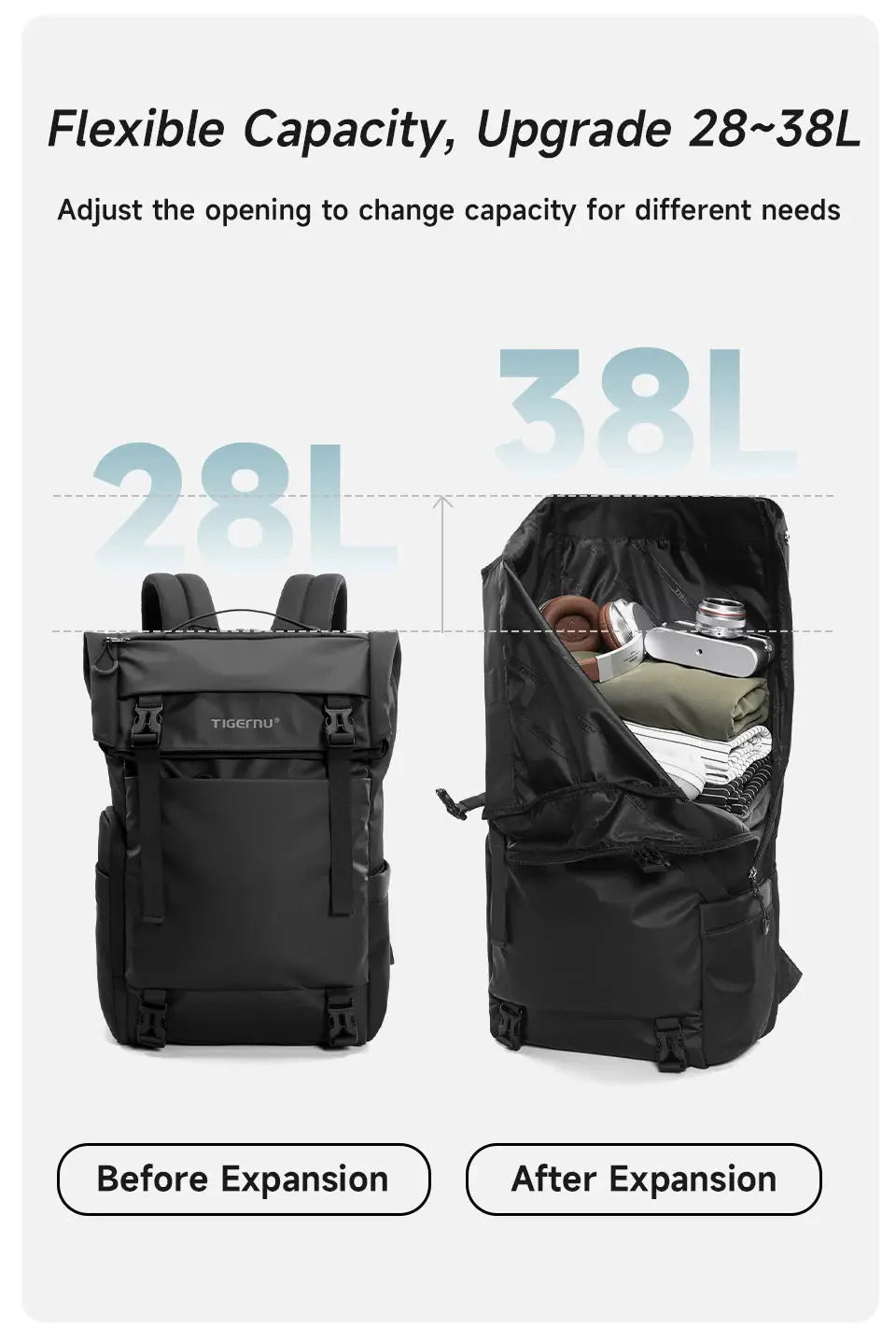 Tigernu travel backpack, black TPU waterproof, expandable 28-38L; front view and opened interior view.