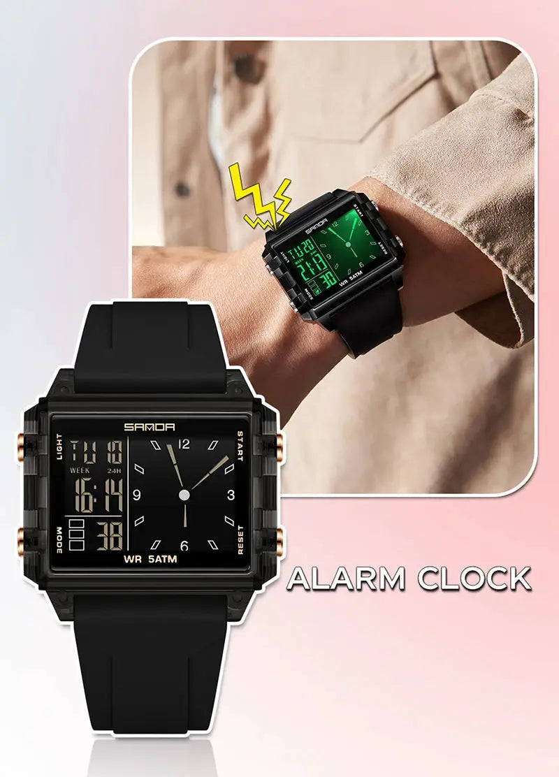 SANDA 6273 square dual-time wristwatch, black digital-analog display, 5ATM waterproof silicone strap
