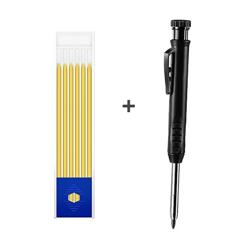 Simples Market carpenter pencil 2.8mm refills pack (yellow) and black handheld mechanical marker pen with clip.