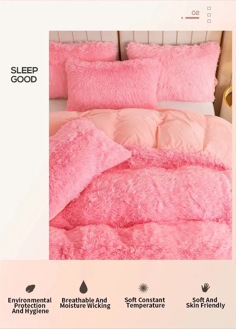 Pink plush 3-Piece Duvet Cover Set with matching fluffy pillows for a cozy bedroom look