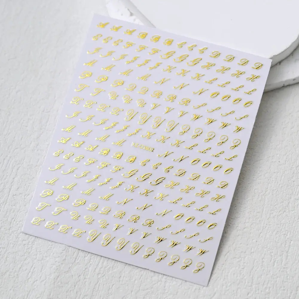 Simples Market 3D Roman letter nail stickers sheet in gold, self-adhesive manicure decals