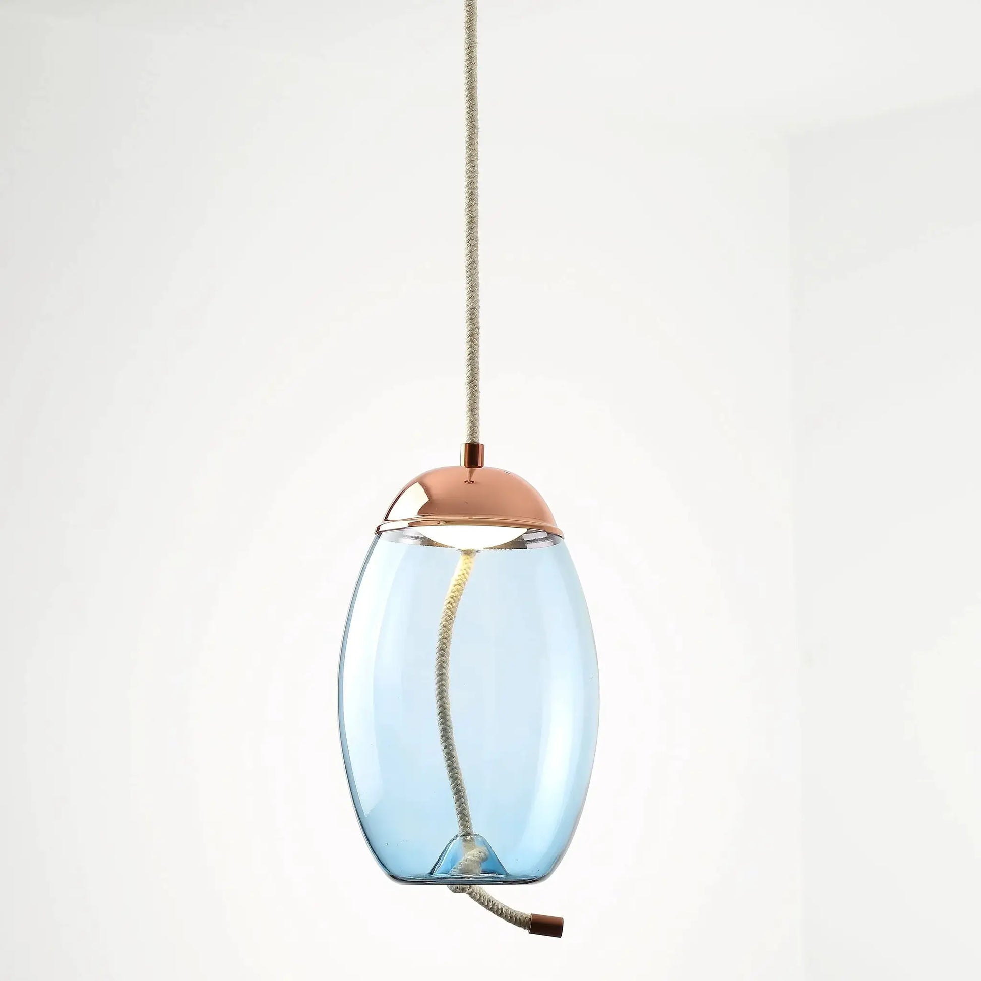 Simples Market blue glass pendant lamp with copper top and beige hemp rope cord
