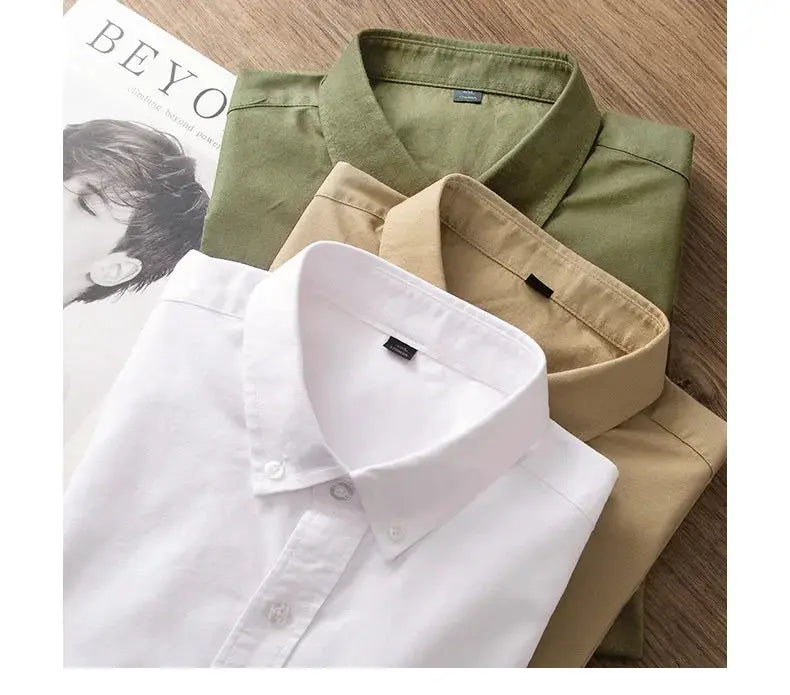 Men's long-sleeve Oxford shirt set, 4 colors (white, beige, tan, olive), 100% cotton, Simples Market.