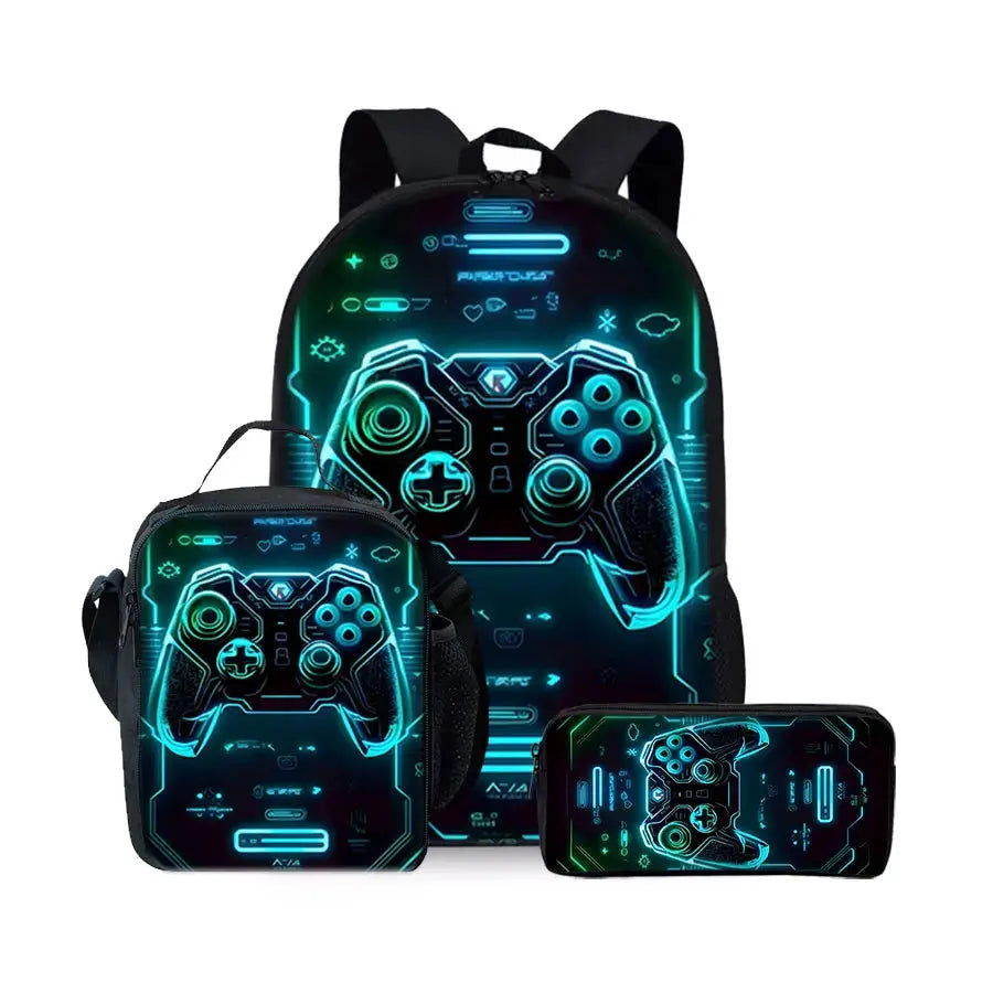Game console pattern three-piece backpack set in neon blue; includes large backpack, lunch bag, and pencil case.