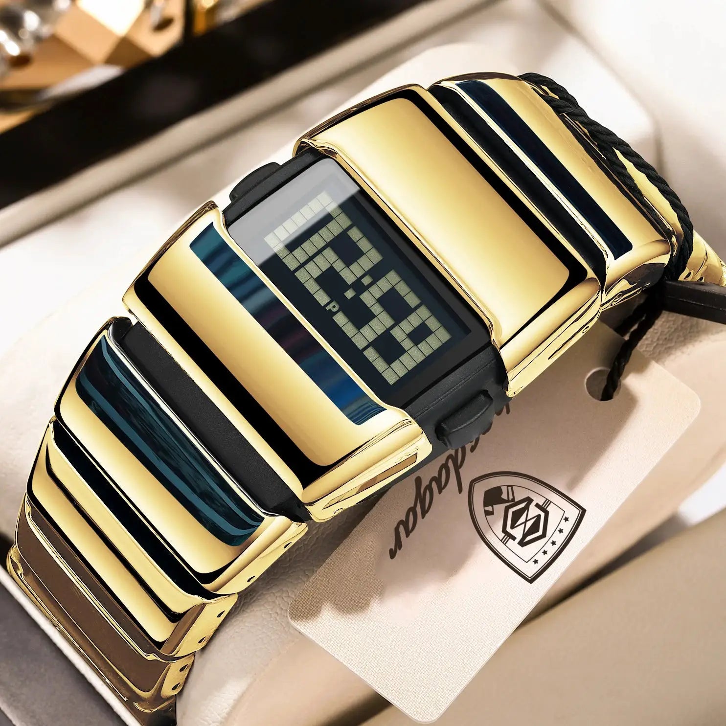 POEDAGAR fashion LED men’s watch with gold-tone stainless steel band and black digital display