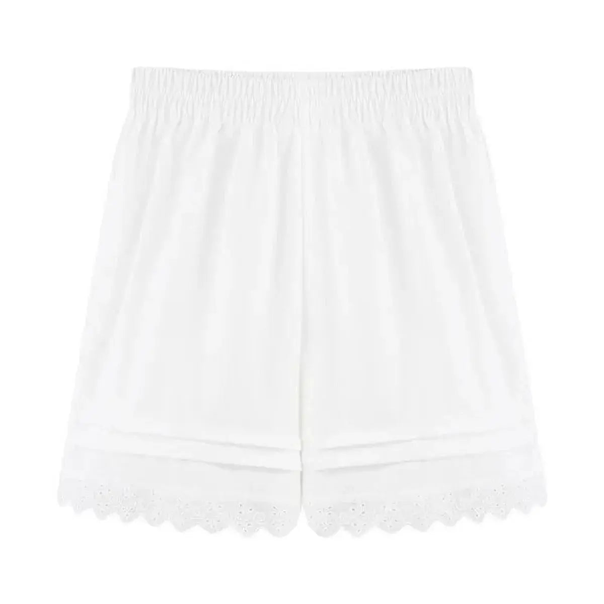 Women's white lace-trim shorts with elastic waistband and scalloped hem