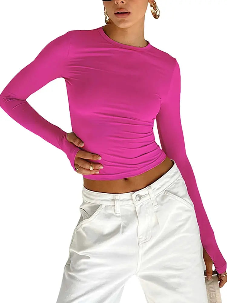 Womens Long Sleeve Crew Neck Crop Top With Thumb Holes Slim Fit Solid Color Streetwear For Daily Summer