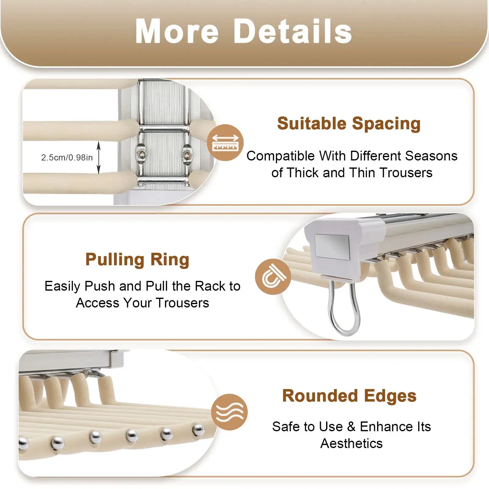 Simples Market space-saving pull-out wardrobe trouser rack, beige, extends to hold 22 pairs for a 46 cm deep closet.