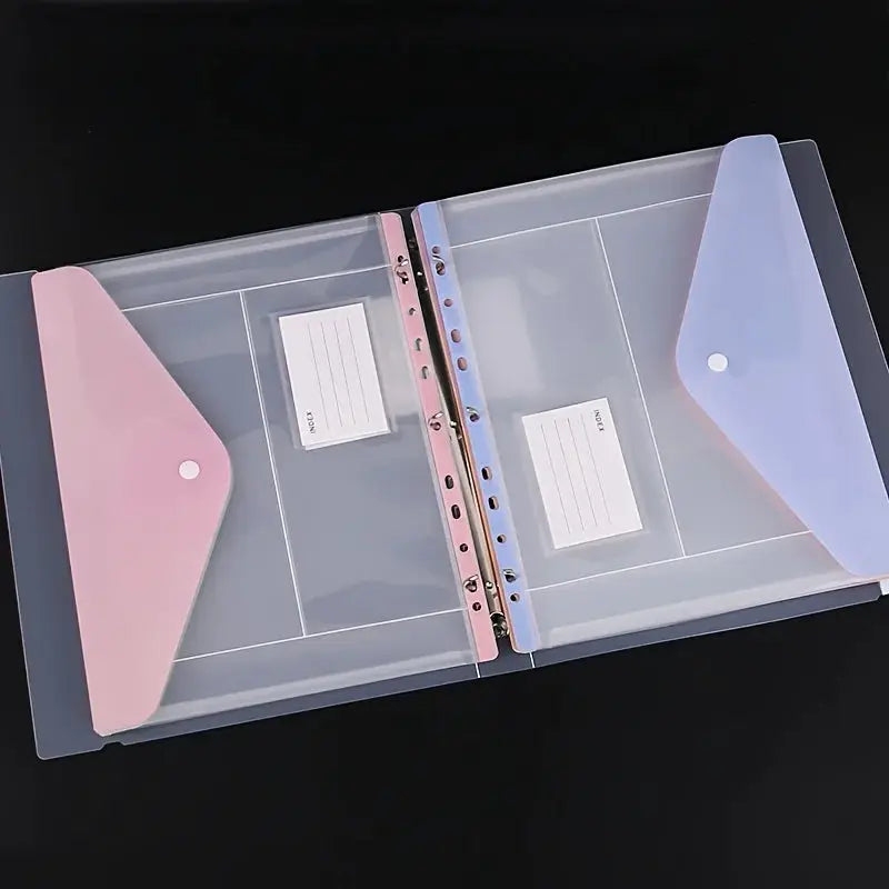 Six-piece expandable binder pockets with 11 holes for 2/3/4-ring binders; pink and lavender snap-flap folders