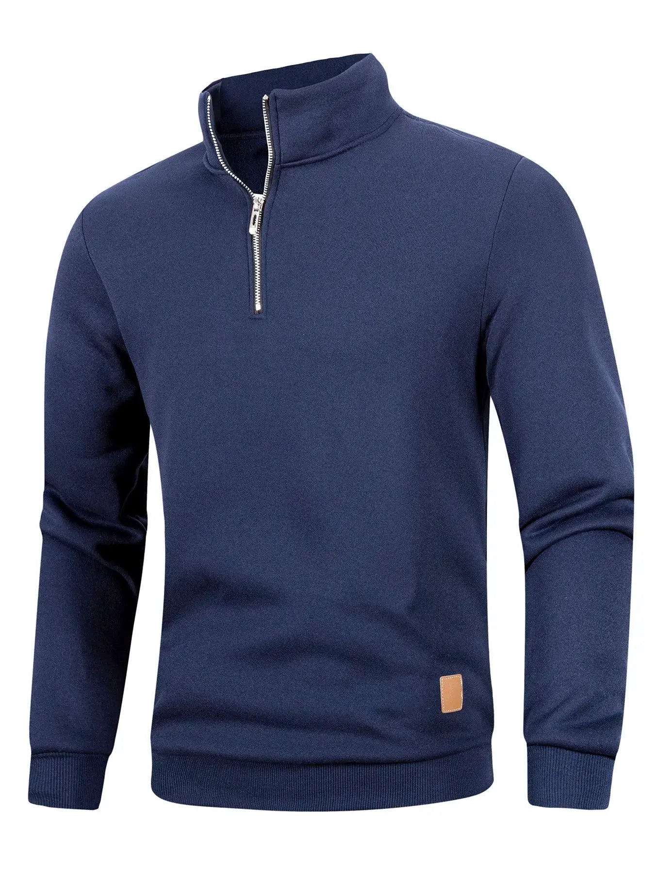Men's navy blue quarter-zip pullover turtleneck sweater, long sleeves.