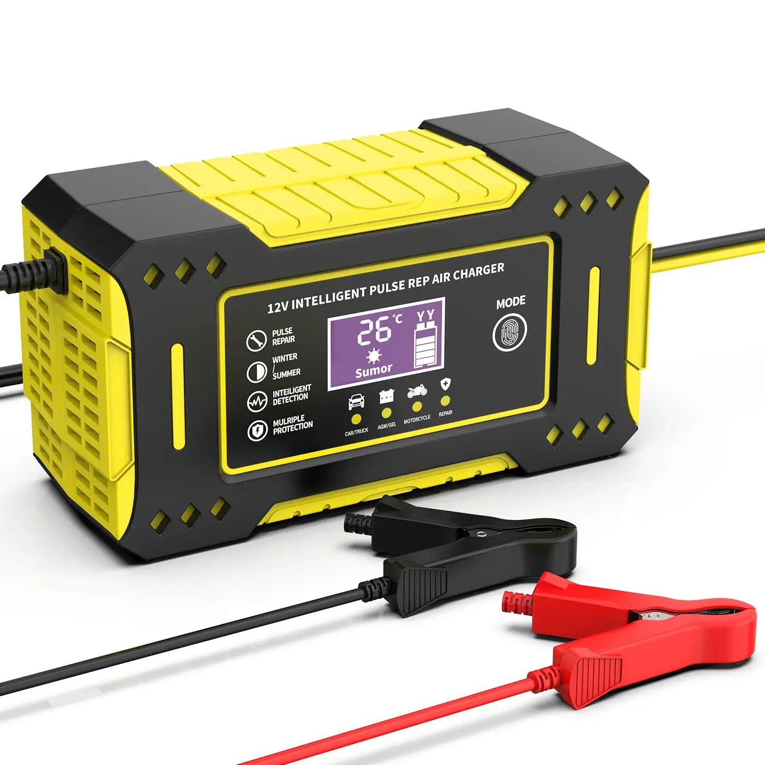 12V intelligent LCD car and motorcycle battery charger from Simples Market, yellow–black housing with clamp leads