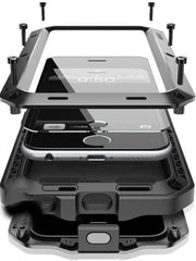 Simples Market black heavy-duty aluminum iPhone tank case with rugged armor and screen protector