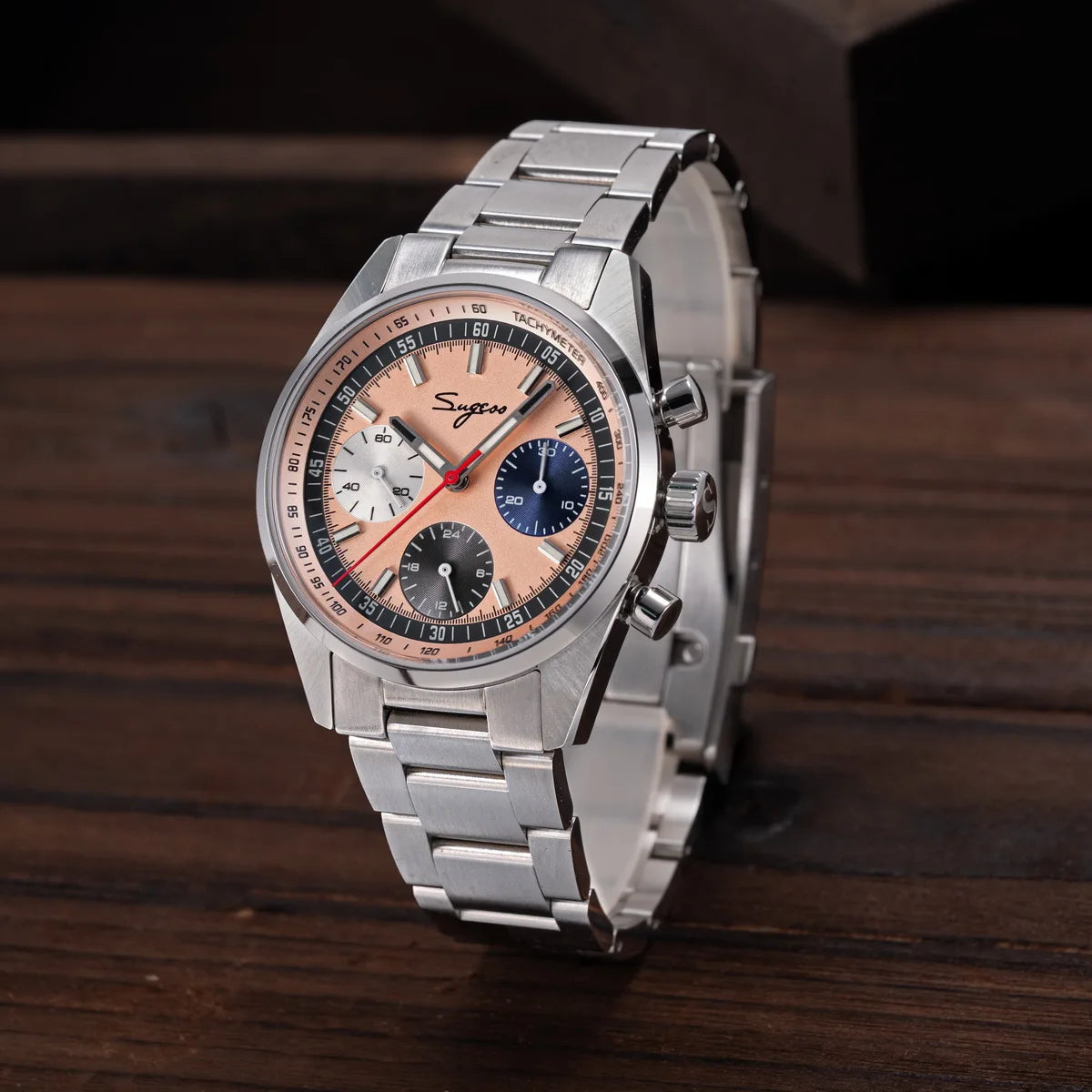Sugess men's 38mm chronograph watch with stainless steel bracelet, rose dial, three subdials and tachymeter bezel