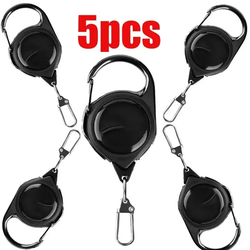 Retractable key reel set by Simples Market; 5 black steel wire-rope carabiner keychains