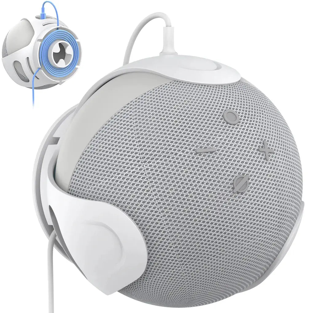 Portable speaker wall-mount bracket for Echo Dot 4/5/3rd Gen, Simples Market, white/gray sphere with cord management.