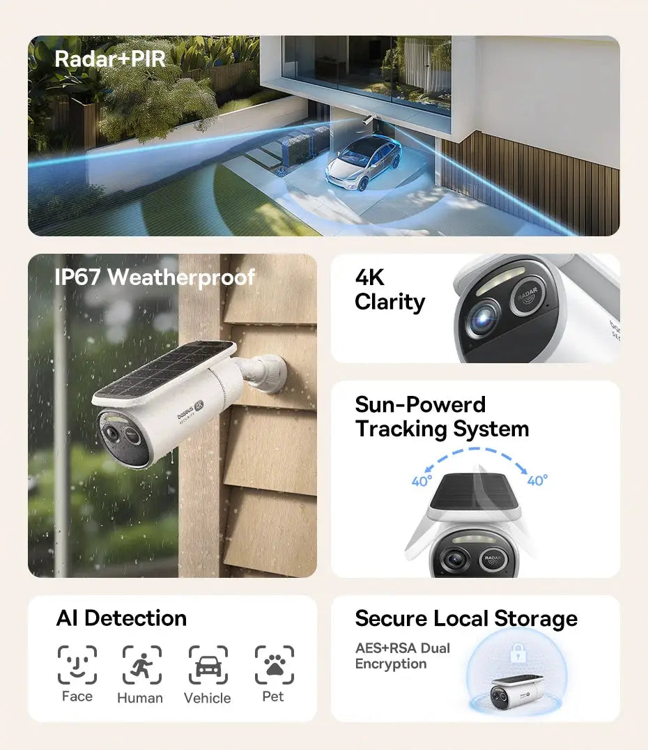 Baseus S2 Outdoor Camera by Simples Market; solar-powered, 4K clarity, IP67 waterproof, app control.