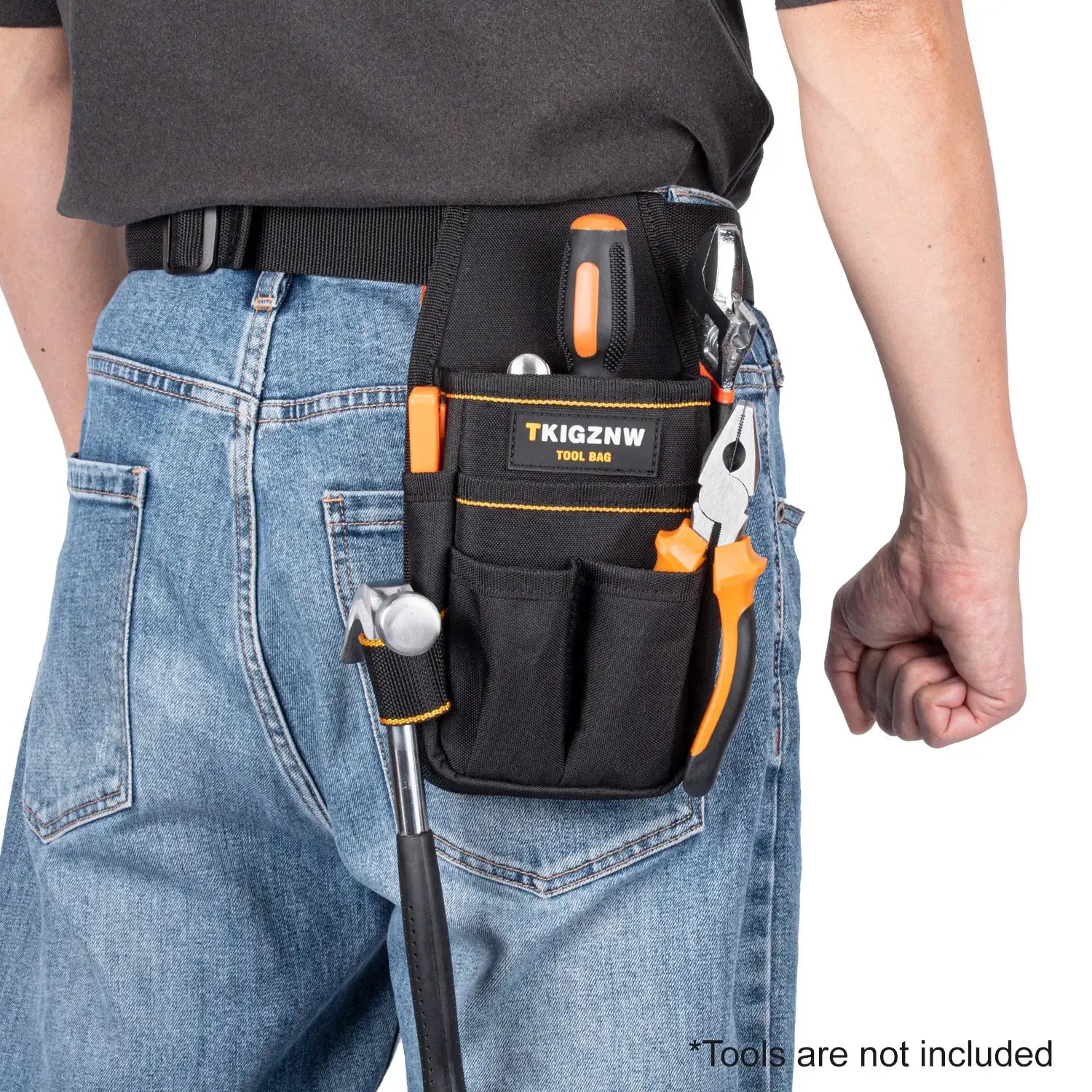 TKIGZNW Pocket Tool Pouch with 6 pockets and 9 screwdriver loops; black with orange trim, belt-mounted tool bag