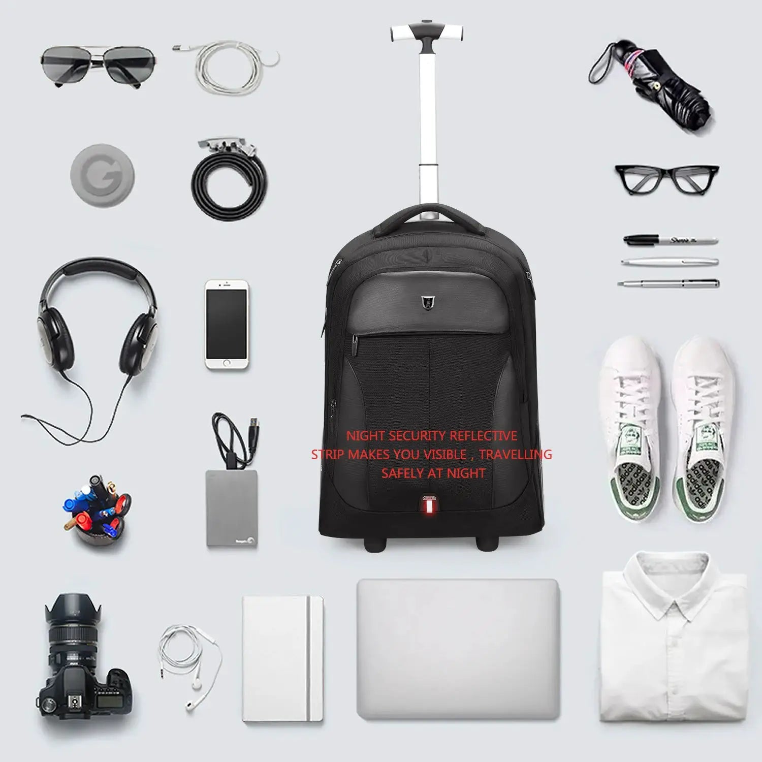 Simples Market 20-inch rolling backpack with wheels, black carry-on luggage with large capacity