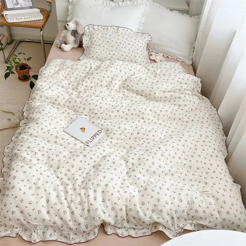 INS Princess ruffle-edge gauze 100% cotton bedding set, white with tiny floral print, 3-piece