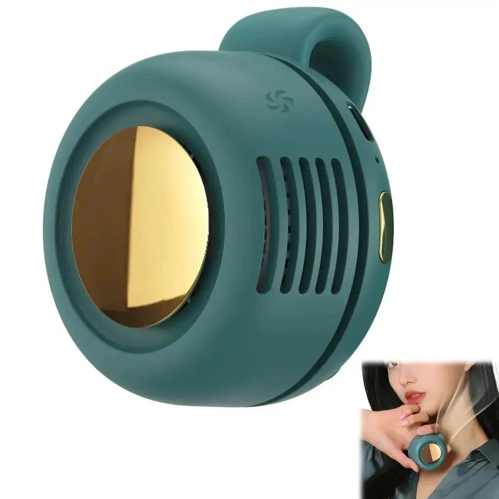 Teal portable bladeless clip-on mini fan with gold inner disk; 3-speed adjustable, wearable neck/waist cooling.