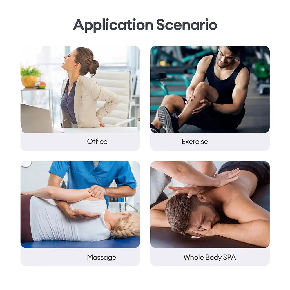 30-Head Body Massage Gun infographic; four use cases: Office, Exercise, Massage, Whole Body; high-frequency fascia gun
