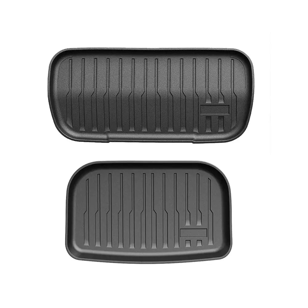Tesla Model Y front and rear trunk mats in black TPE, waterproof anti-slip full-coverage set