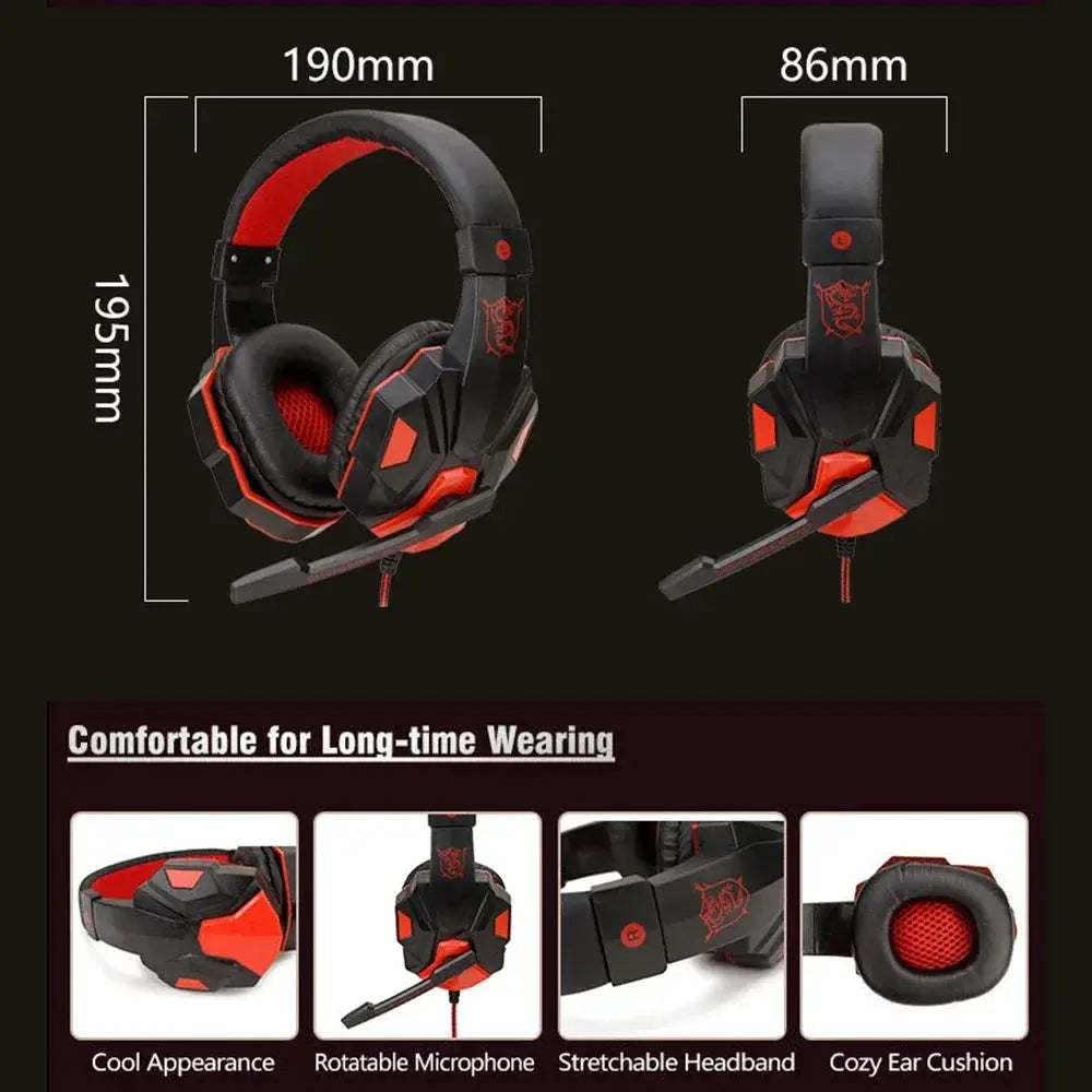 Simples Market wired gaming headset with microphone, black and red, adjustable 120° mic.