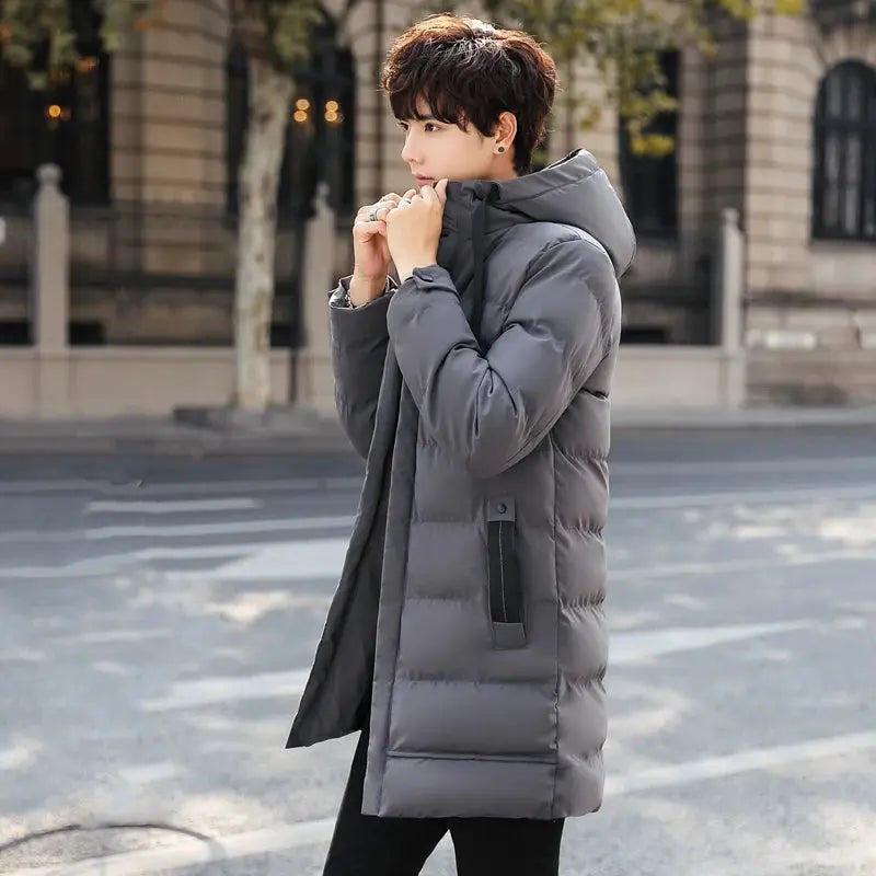 Men's mid-length grey cotton-padded hooded jacket with quilted design