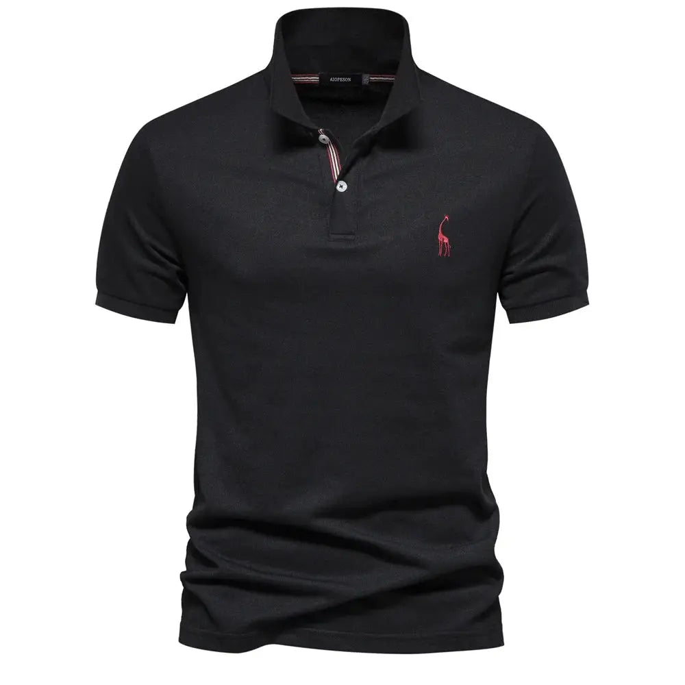 Men's black cotton polo shirt, solid color with short sleeves and red embroidered logo
