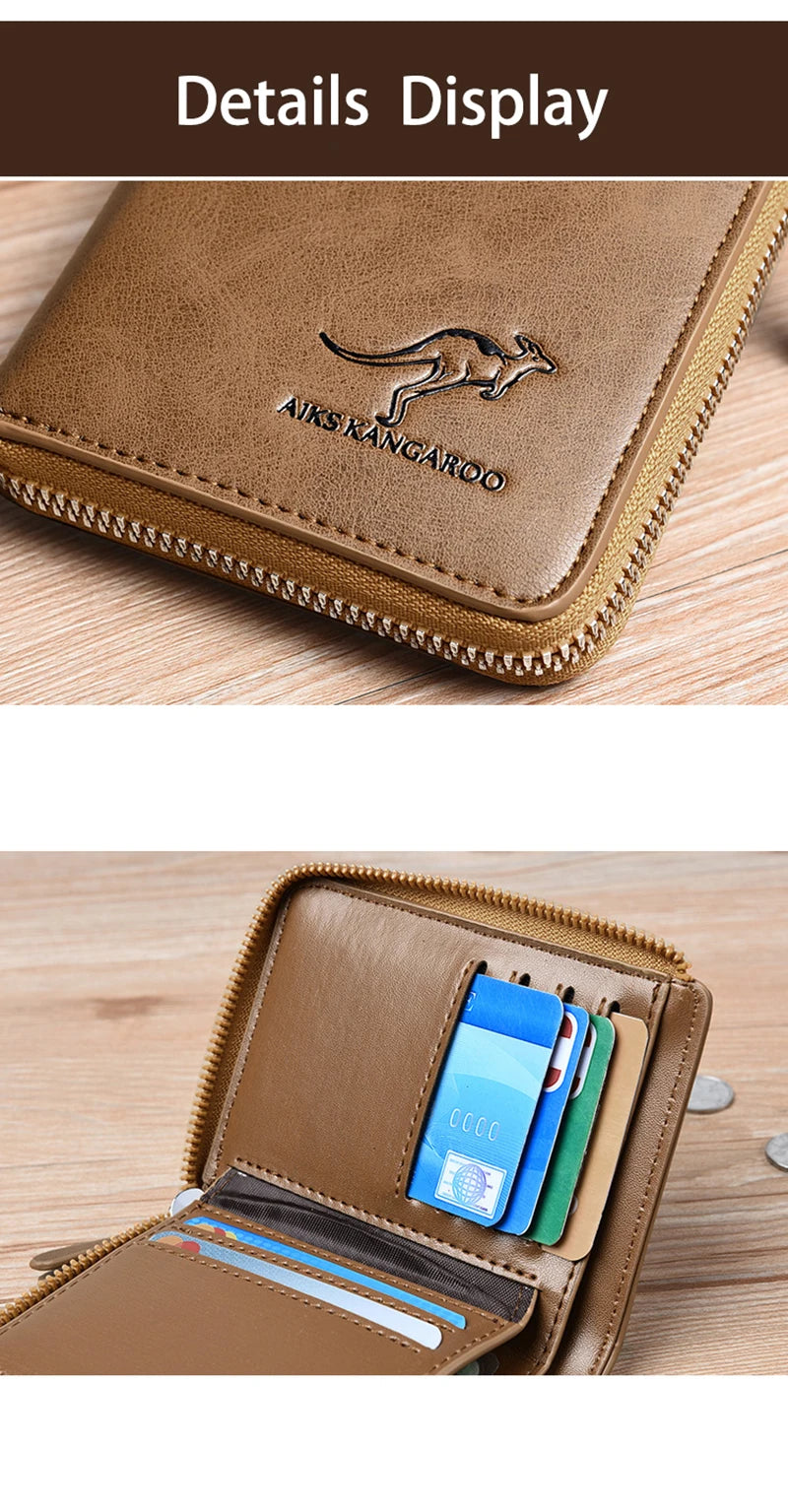 Men's brown leather zip-around wallet with Kangaroo logo, RFID protection and card slots