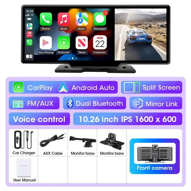 Dash Cam 4K Car DVR Wireless CarPlay Android Auto GPS Nav Dual Lens