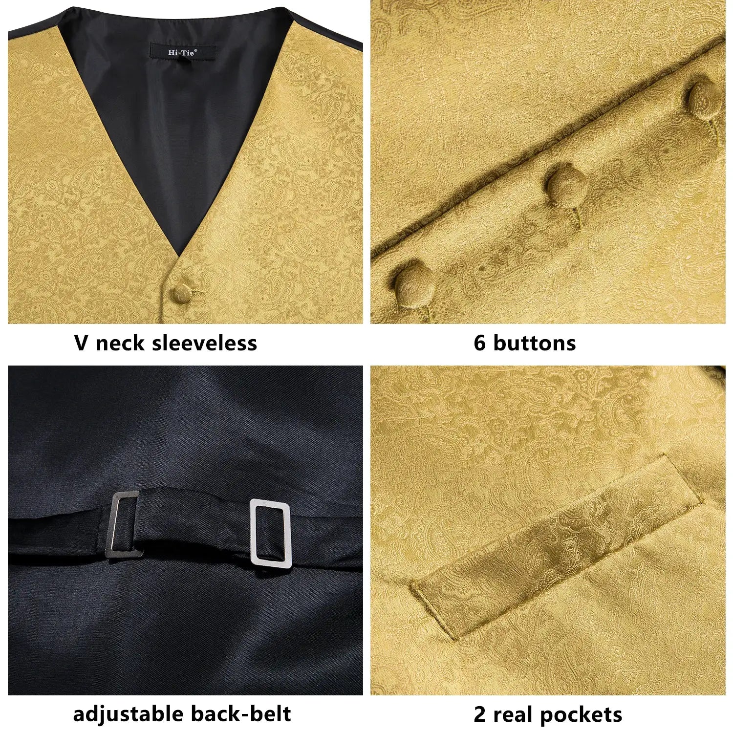 Hi-Tie gold paisley men's waistcoat, V-neck sleeveless with 6 buttons, adjustable back belt, real pockets