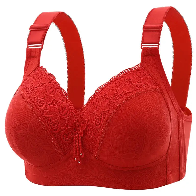Red lace bra with floral embroidery and adjustable straps