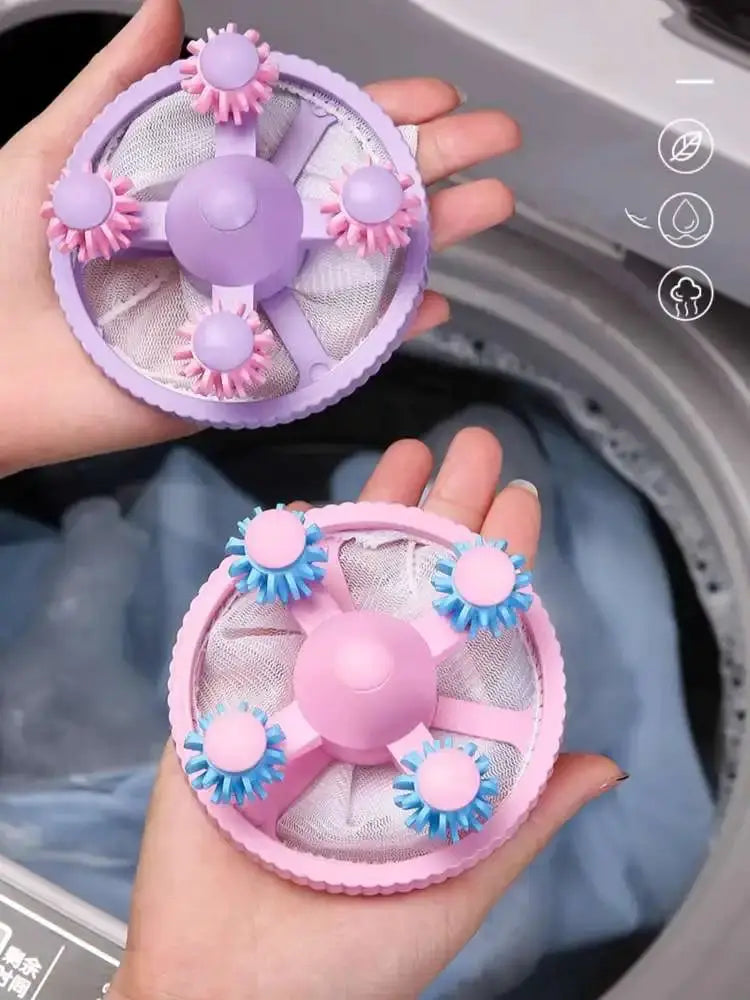 Washing machine filter ball set by Simples Market; purple and pink reusable lint-catching mesh balls (2 pcs)