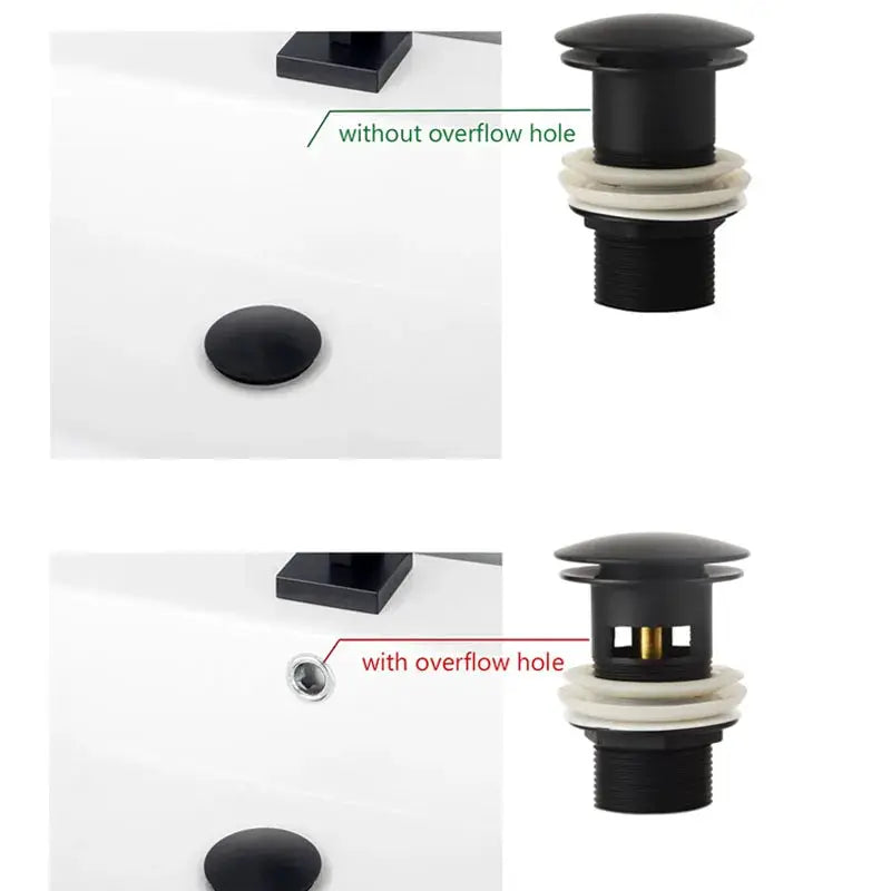 Bathroom sink push-down pop-up stopper drain by Simples Market in brushed gold and matte black finishes, two views