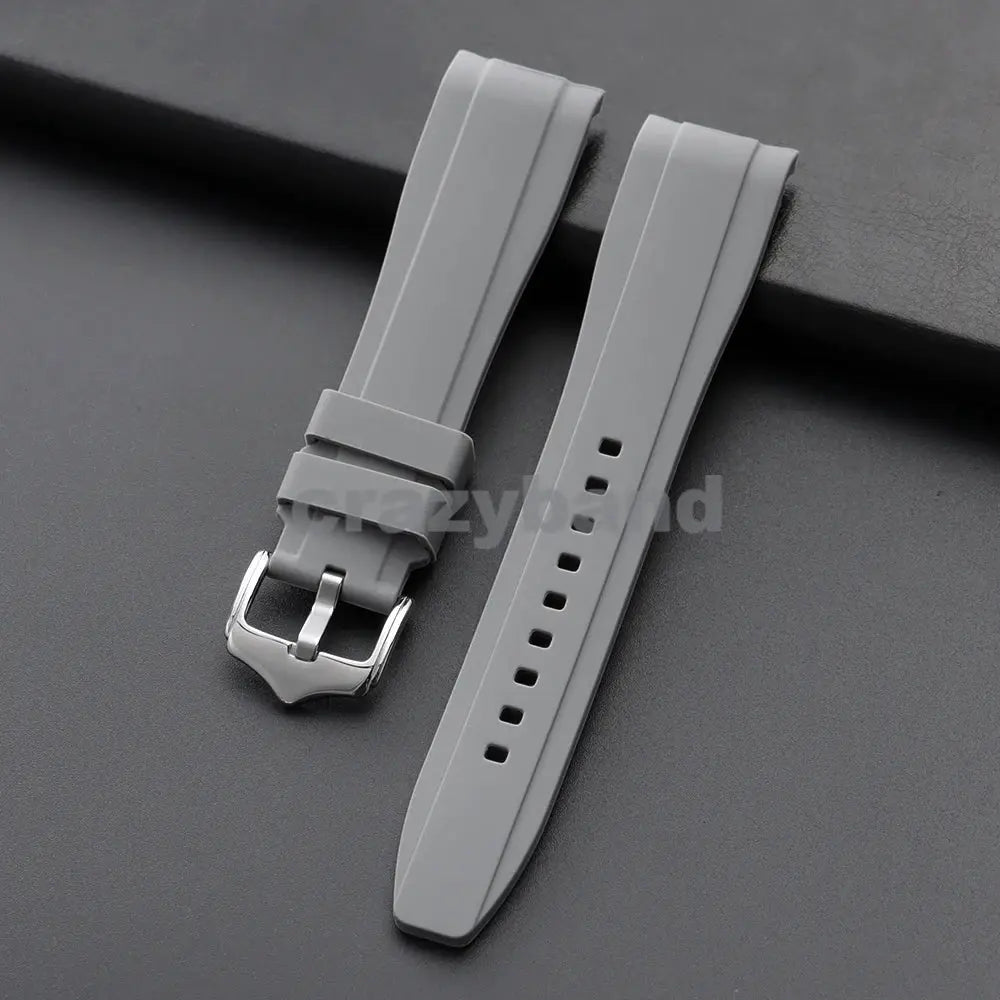 Gray silicone watch strap pair, 20/22mm, curved-end stainless buckle, compatible with Rolex, DW, Casio, Seiko.