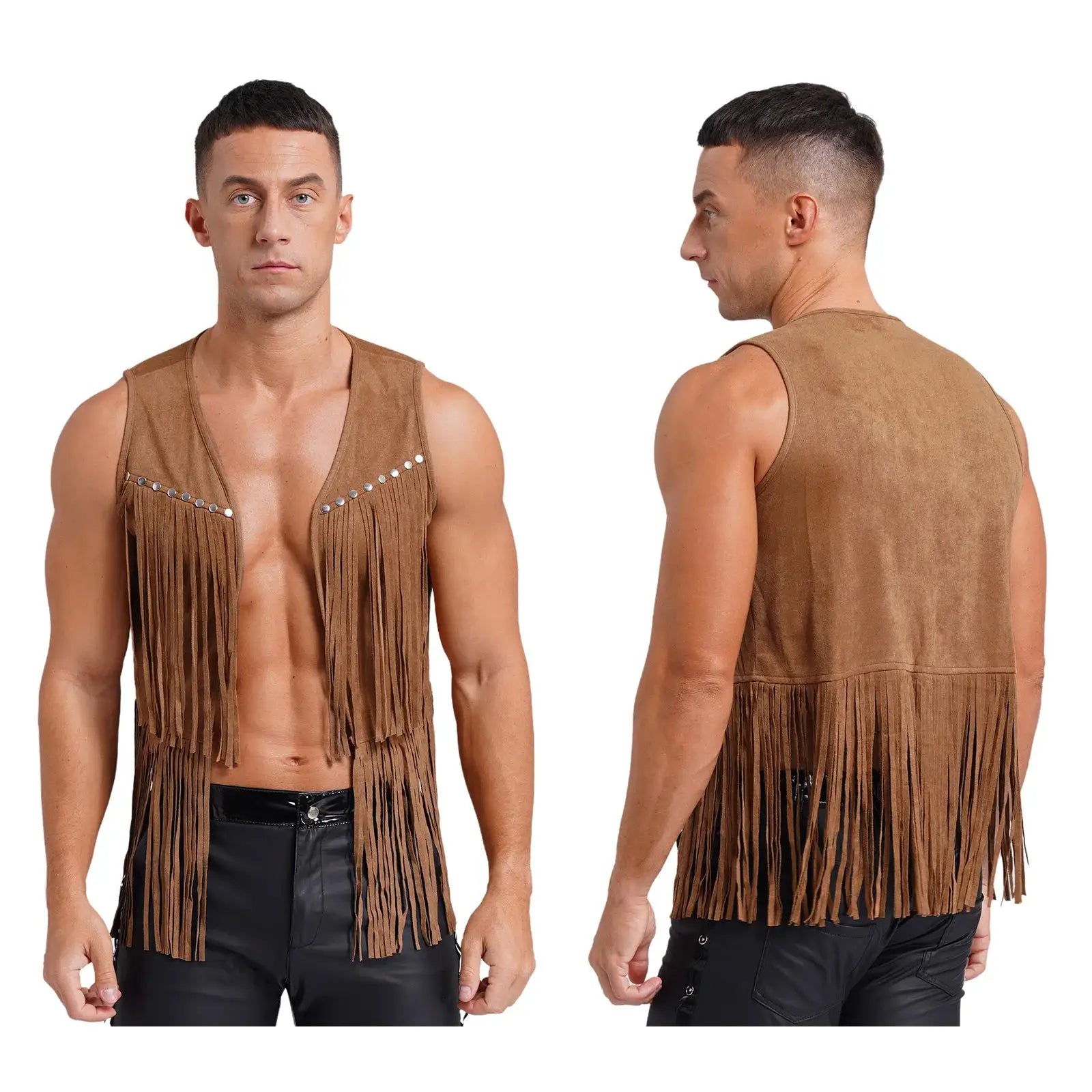 Men's faux suede tassel fringe waistcoat with rivets, open front, sleeveless.