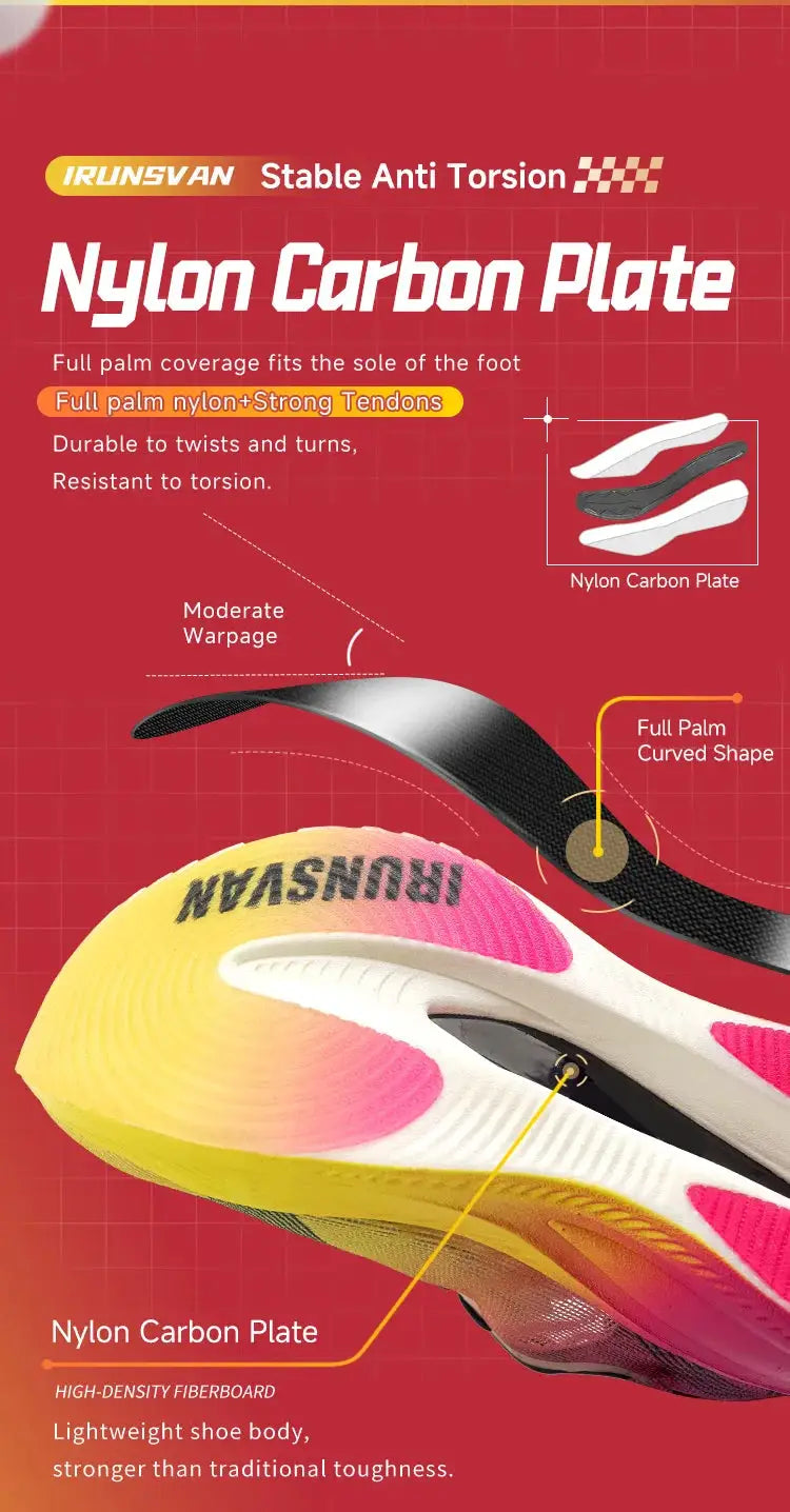 IRUNSVAN Nylon Carbon Plate marathon running shoes poster by Simples Market; red background with yellow-pink sole.
